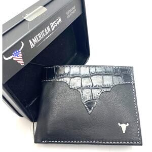 American Bison Bifold Wallet Men Black Genuine Leather 2 Flip ID Slots NIB